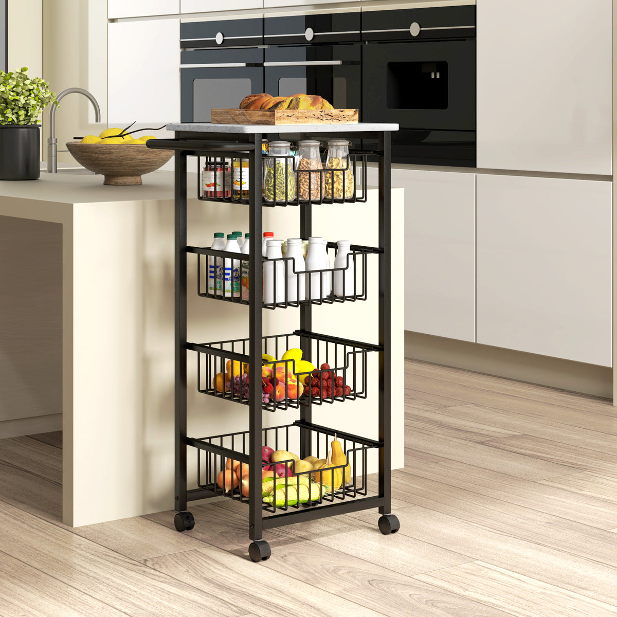 Desserte cuisine 4 niveaux chariot de service sur roulettes plan de travail cadre en acier 49,5 x 31 x 91 cm gris clair