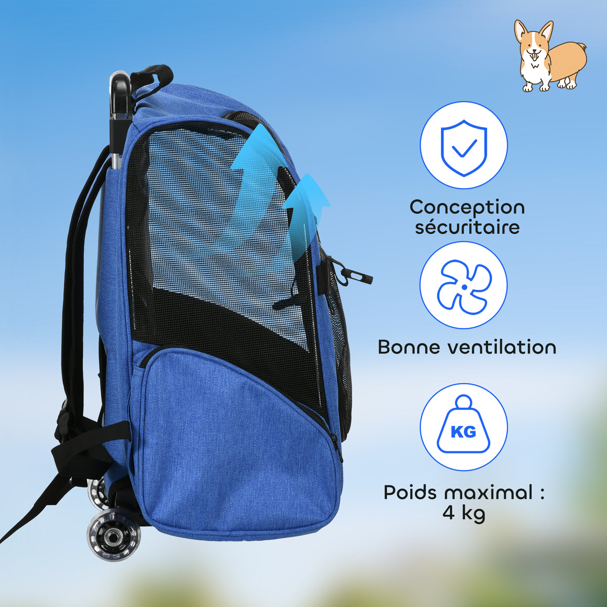 Sac de transport à roulettes pour chien 2 en 1 trolley chariot sac à dos pour chien chat avec poignée téléscopique, sacs de rangement, aérations, attache de sécurité, 42 x 25 x 55 cm, bleu