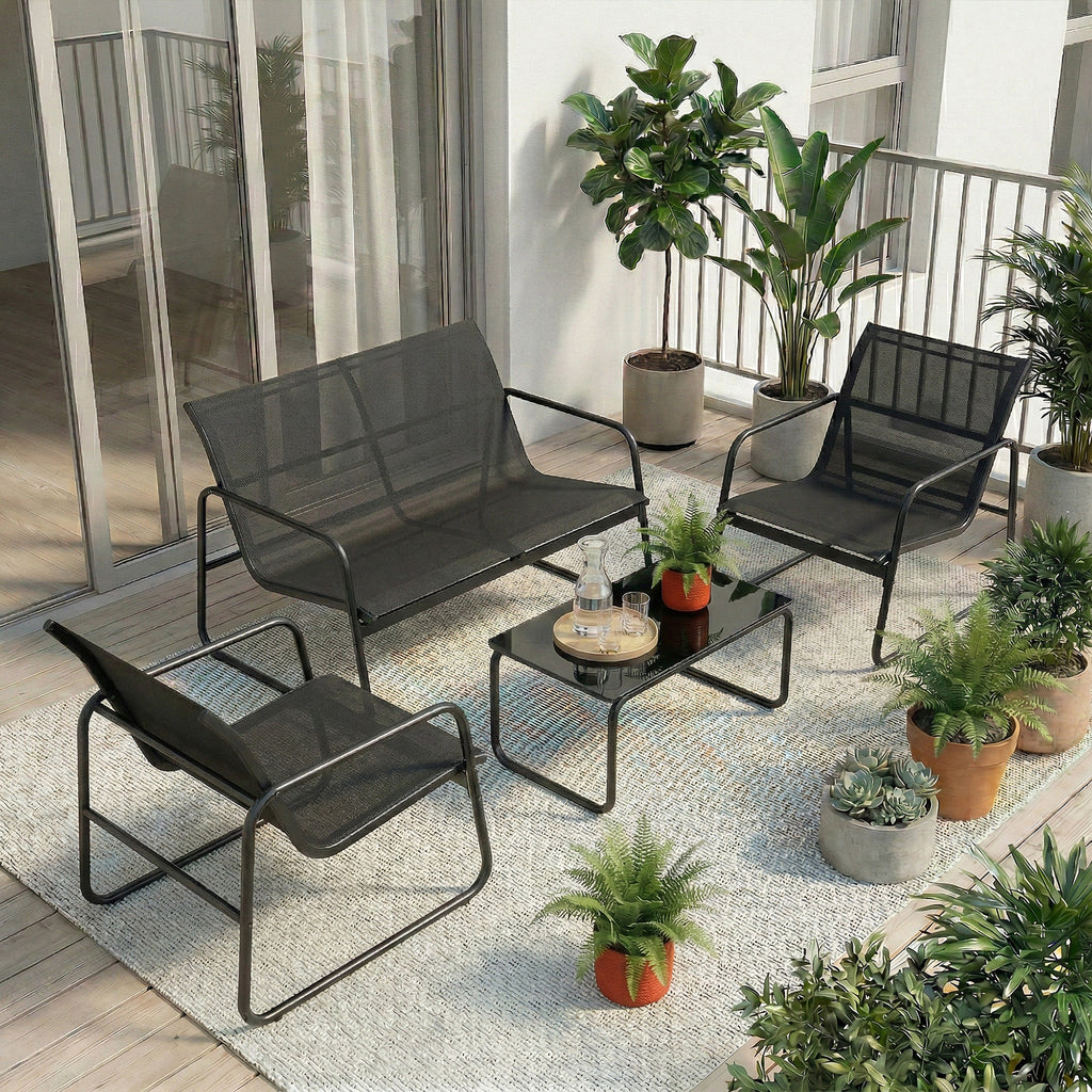 Salon de jardin 4 pièces avec canapé, fauteuils et table basse, gris foncé et noir
