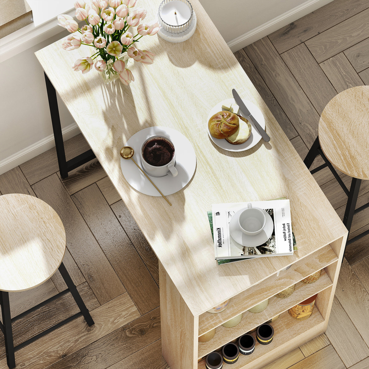 Ensemble table de bar avec tabourets, compartiments ouverts, étagère réglable et repose-pieds, chêne et noir