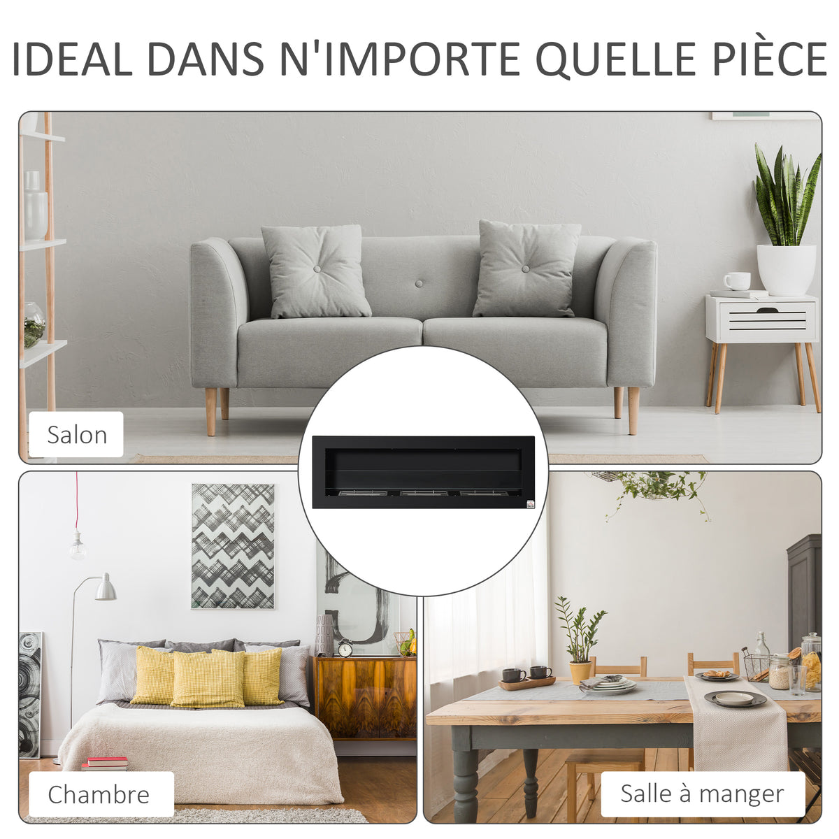 Cheminée bioéthanol Murale encastrable 3 brûleurs 3 L au total, environ 3 h de durée de combustion, dims. 120L x 15l x 40H cm, acier inox noir