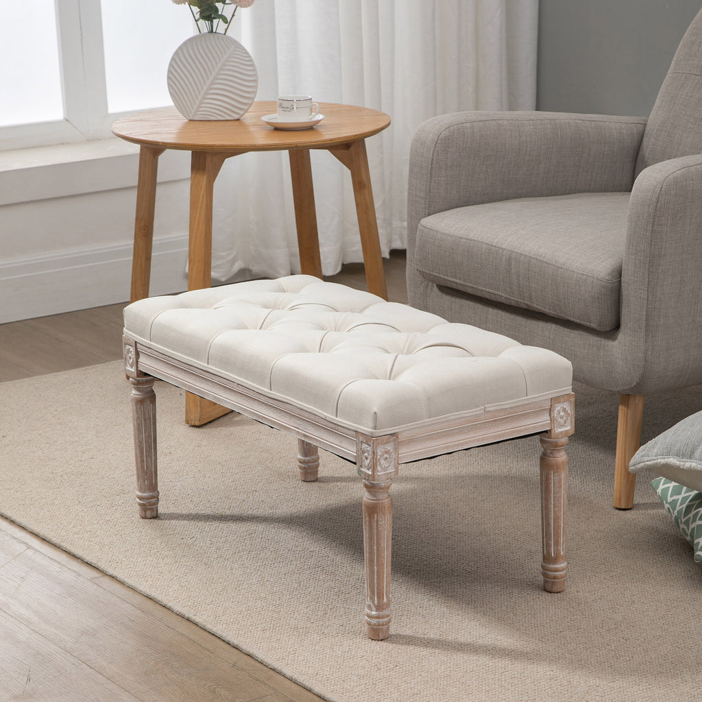 Banc Banquette classique capitonné 80cm bout de lit Rembourrée en lin - bois d'hévéa sculpté, patiné - Crème