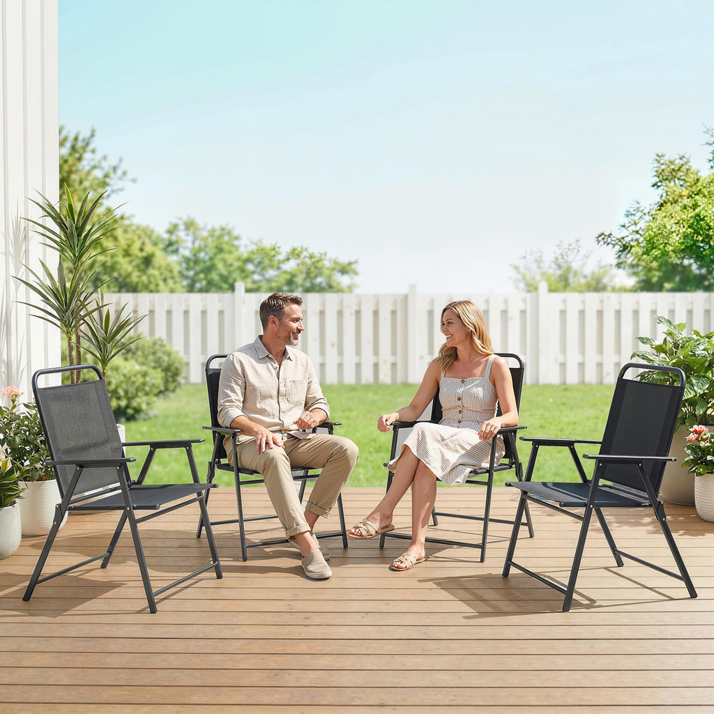 Lot de 4 chaises de jardin pliantes avec accoudoirs, chaises d'extérieur avec assise large en textilène, noir