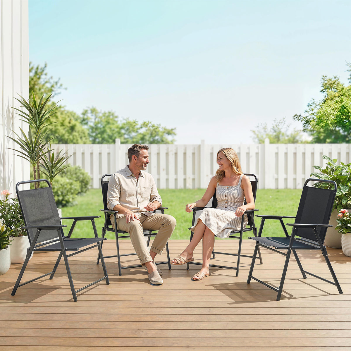 Lot de 4 chaises de jardin pliantes avec accoudoirs, chaises d'extérieur avec assise large en textilène, noir