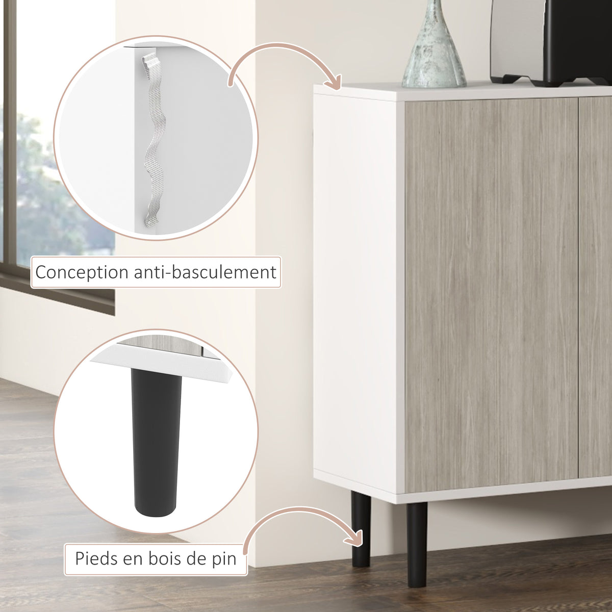 Buffet de cuisine meuble de rangement 2 placards avec étagères réglables, 121 x 37 x 75 cm, blanc et aspect bois gris
