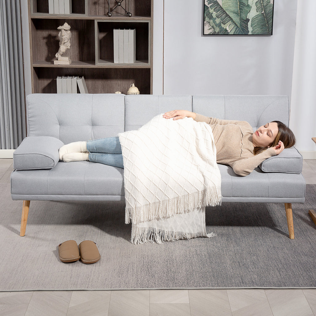 Canapé convertible 3 places, canapé-lit rembourré avec dossier réglable 3 niveaux, 2 coussins et 2 porte-gobelets intégrés, tissu de lin, pour salon, chambre d'amis, petit espace, gris clair