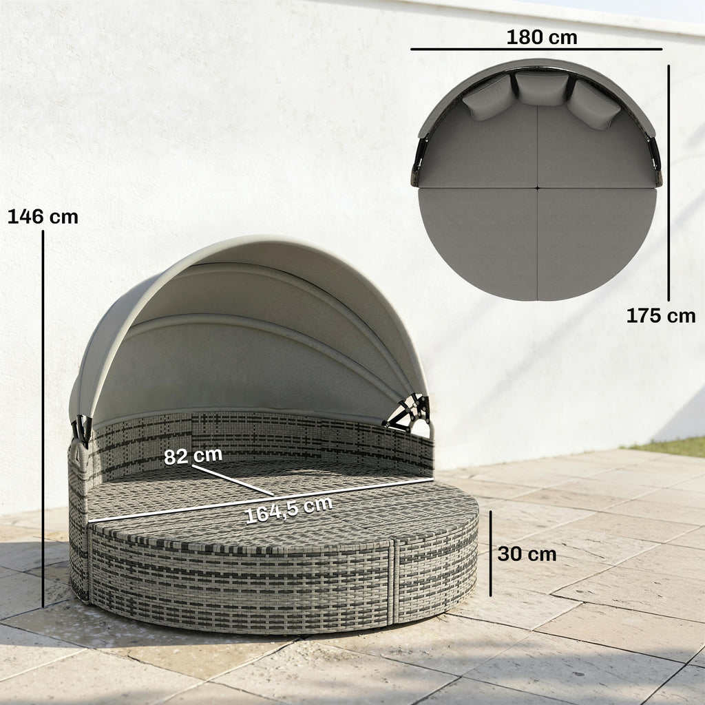 Bain de soleil rond, lit de jardin extérieur modulable 3 PSC en résine tressée avec auvent rétractable, gris clair