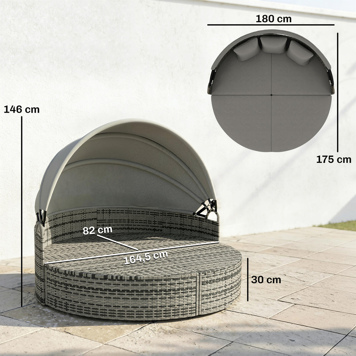 Bain de soleil rond, lit de jardin extérieur modulable 3 PSC en résine tressée avec auvent rétractable, gris clair