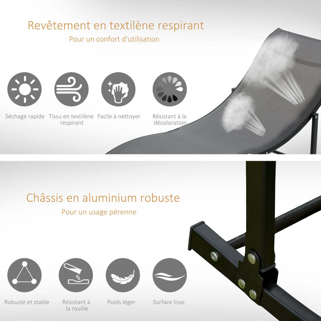Lot de 2 bains de soleil pliables, chaise longue jardin extérieur en aluminium et textilène anthracite