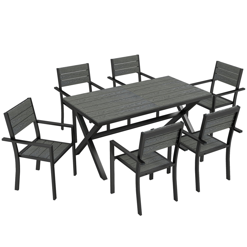 Ensemble de Salle à Manger Extérieur 7 Pièces pour 6 Personnes, Table et Chaises Empilables avec Lattes Effet Bois, Cadre en Aluminium, Gris