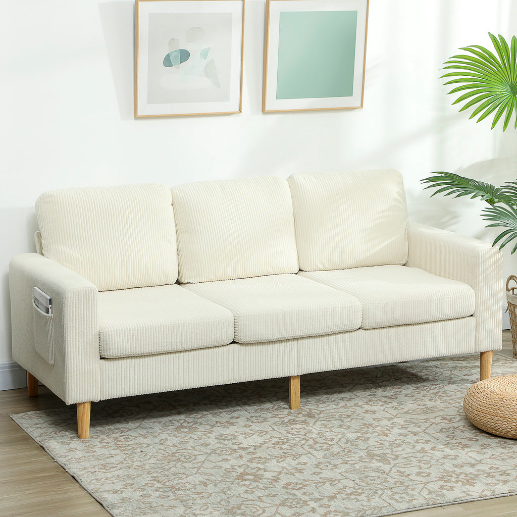Canapé 3 places en velours côtelé, canapé avec coussins à ressorts et assise rembourré, 192x80x84,5cm, beige