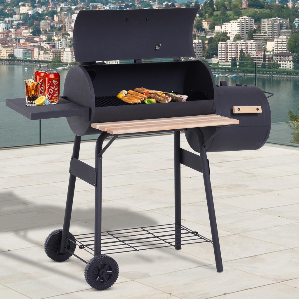 Barbecue à Charbon fumoir BBQ Grill Smoker sur Pied avec Couvercle, roulettes, thermomètre, étagères Noir