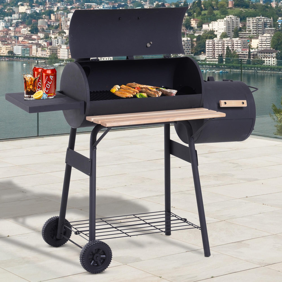 Barbecue à Charbon fumoir BBQ Grill Smoker sur Pied avec Couvercle, roulettes, thermomètre, étagères Noir