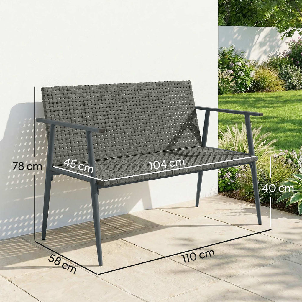 Banc de Jardin 2 places en Résine Tressée et Acier, avec Accoudoirs, Dossiers et Pieds Réglables, 110x58x78cm, Gris