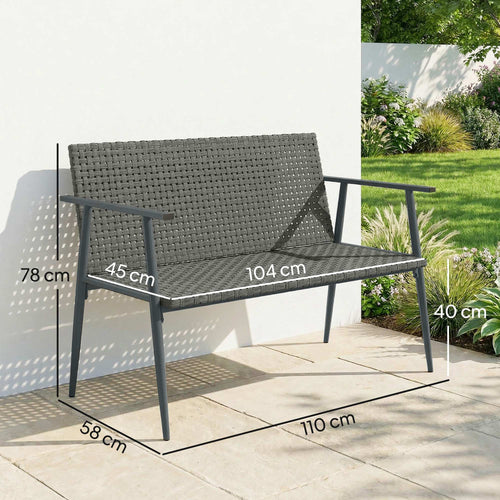 Banc de Jardin 2 places en Résine Tressée et Acier, avec Accoudoirs, Dossiers et Pieds Réglables, 110x58x78cm, Gris