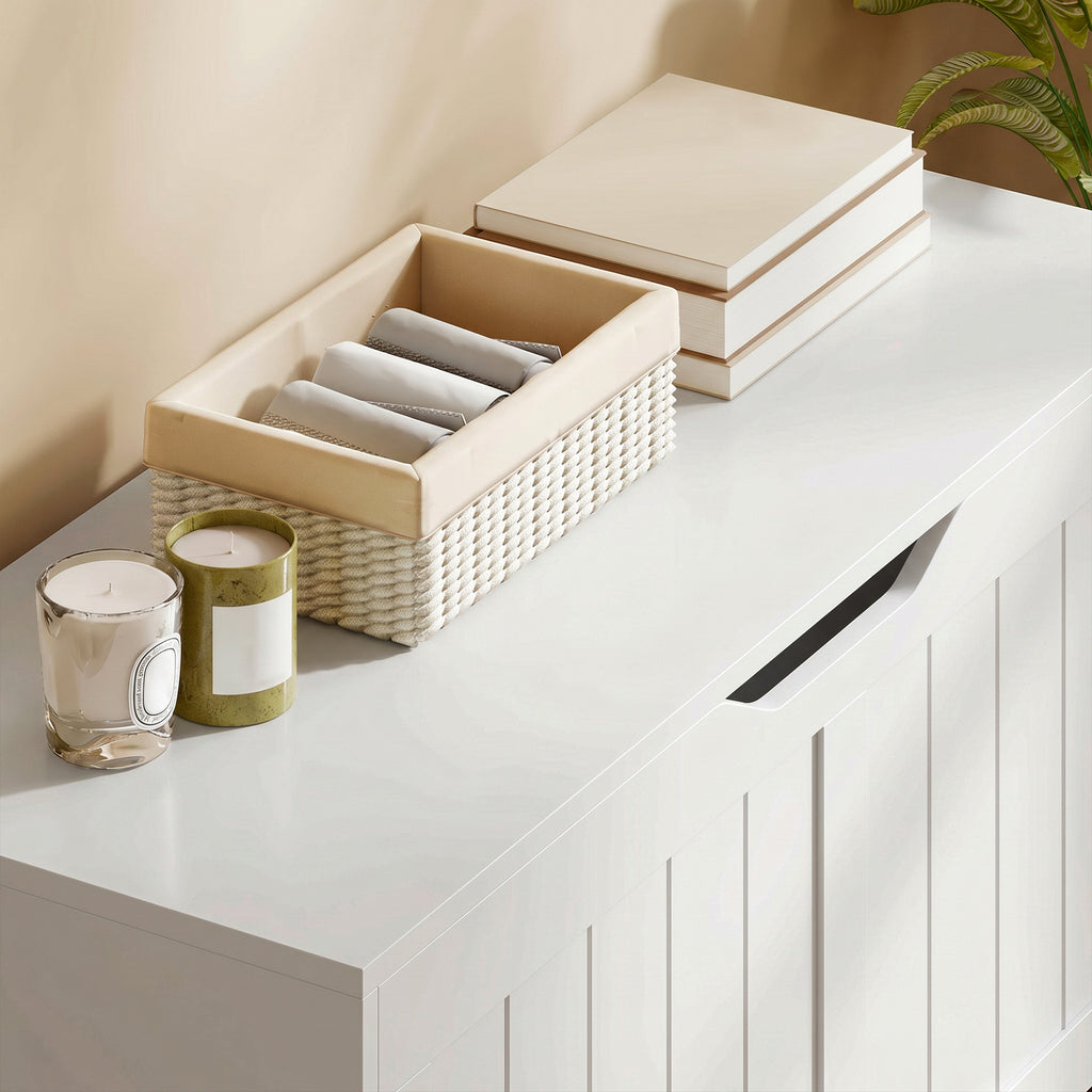 Coffre de Rangement 136 L, Banc Coffre avec 2 Charnières de Sécurité et Design Sans Poignée, 100 x 40 x 45 cm, Blanc