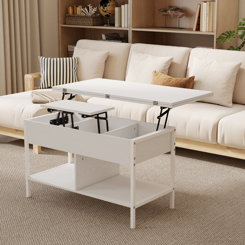 Table basse relevable et extensible, table de salon avec compartiment caché étagères ouvertes, 98x49x55cm, blanc