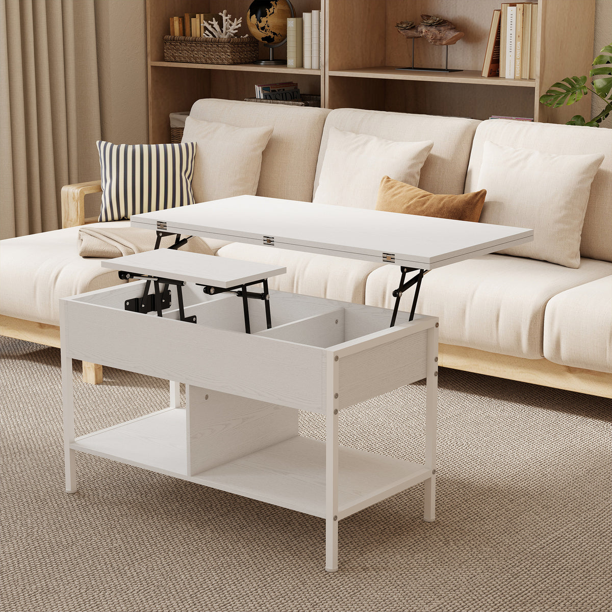Table basse relevable et extensible, table de salon avec compartiment caché étagères ouvertes, 98x49x55cm, blanc