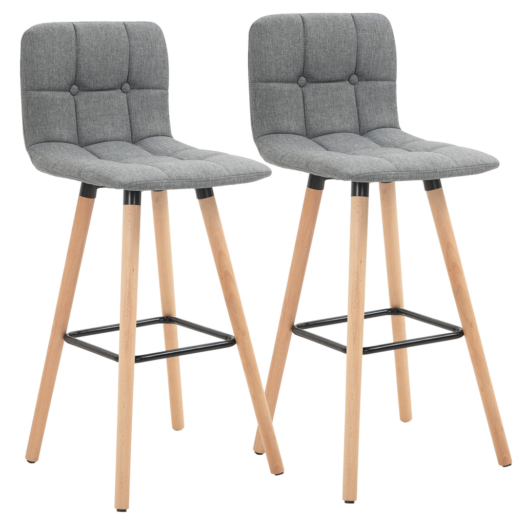 Lot de 2 tabourets de bar, chaises de bar capitonnées avec dossier et repose-pieds, pieds en bois, 41,5x47x97,5cm, gris