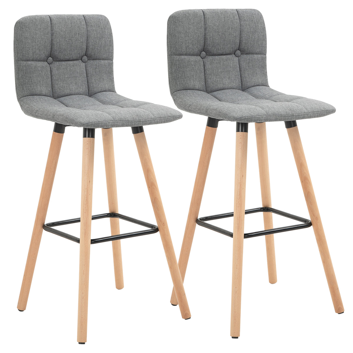 Lot de 2 tabourets de bar, chaises de bar capitonnées avec dossier et repose-pieds, pieds en bois, 41,5x47x97,5cm, gris