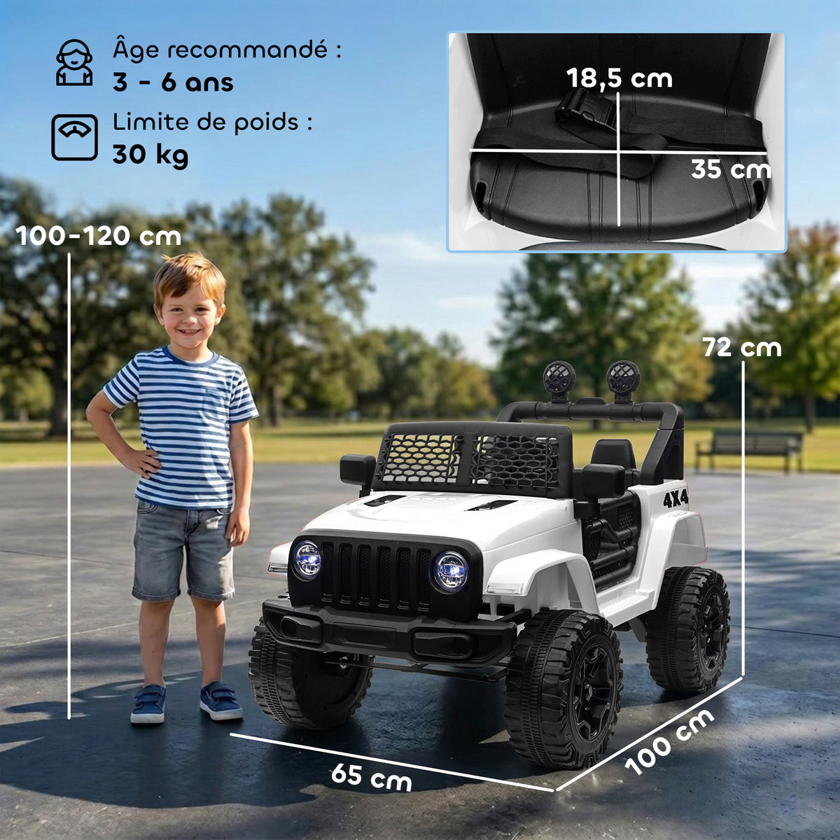 Voiture électrique Enfant Propulsion arrière 12 V 5 Km/h Max. télécommande Incluse Effets Lumineux sonores dim. 100L x 65l x 72H cm Blanc