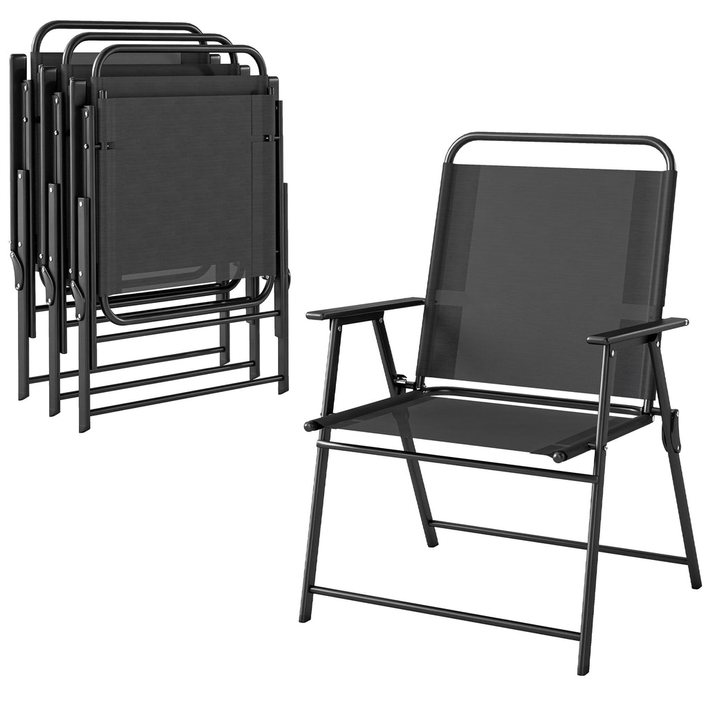 Lot de 4 chaises de jardin pliantes avec accoudoirs, chaises d'extérieur avec assise large en textilène, noir