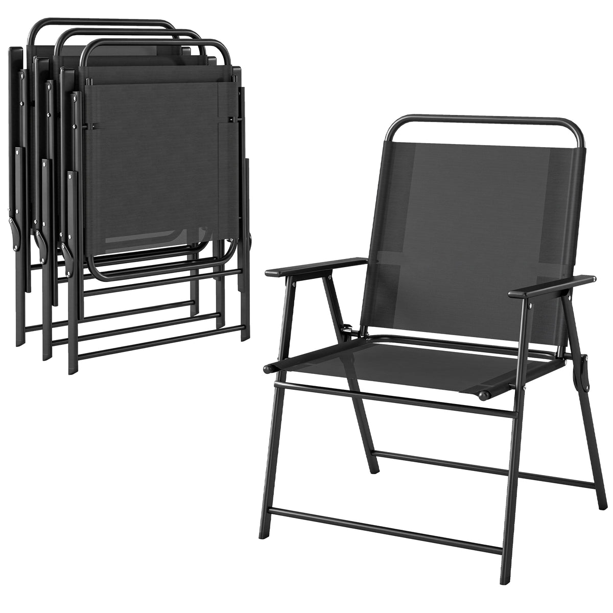 Lot de 4 chaises de jardin pliantes avec accoudoirs, chaises d'extérieur avec assise large en textilène, noir