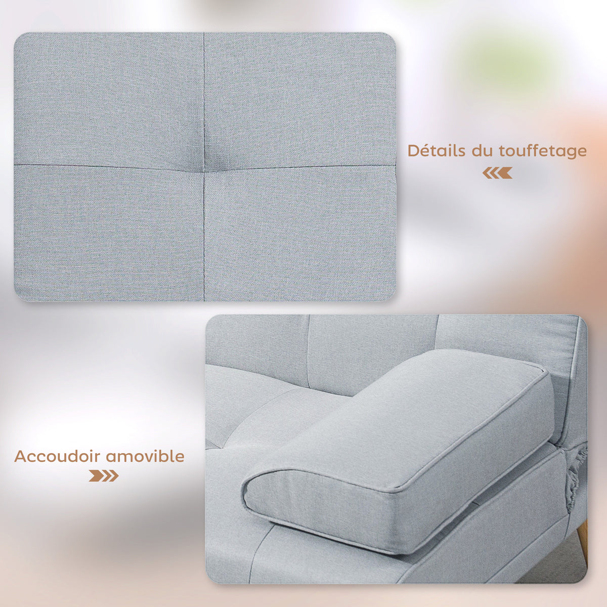 Canapé convertible 3 places, canapé-lit rembourré avec dossier réglable 3 niveaux, 2 coussins et 2 porte-gobelets intégrés, tissu de lin, pour salon, chambre d'amis, petit espace, gris clair