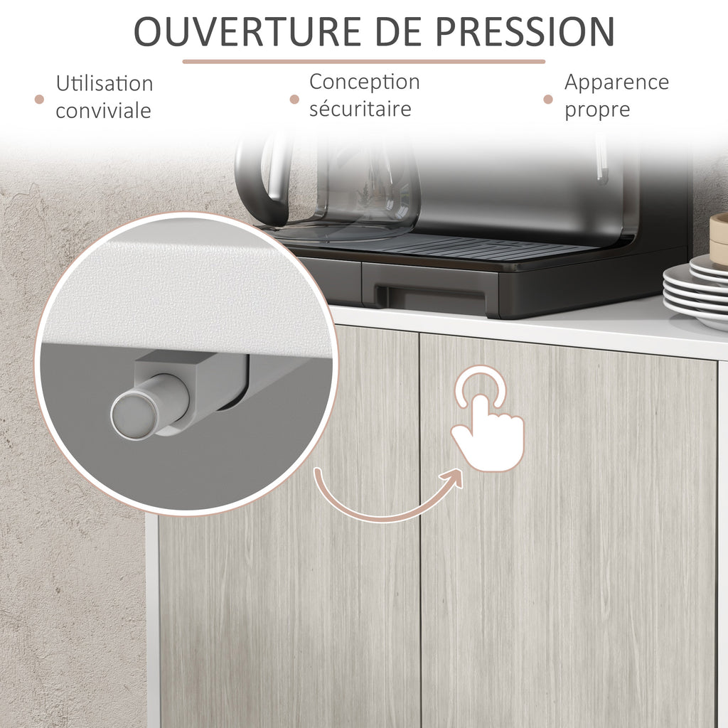 Buffet de cuisine meuble de rangement 2 placards avec étagères réglables, 121 x 37 x 75 cm, blanc et aspect bois gris