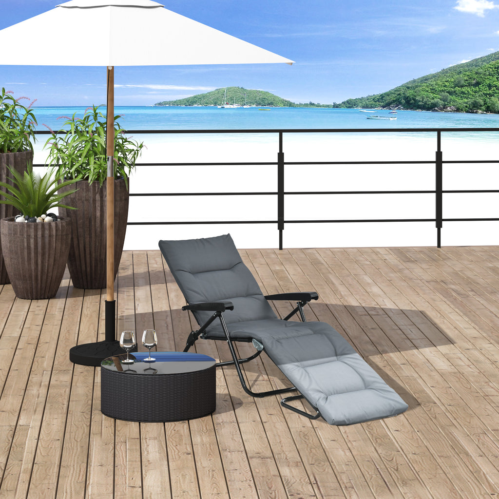 Bain de soleil pliable transat inclinable 6 positions avec matelas + accoudoirs acier polyester gris