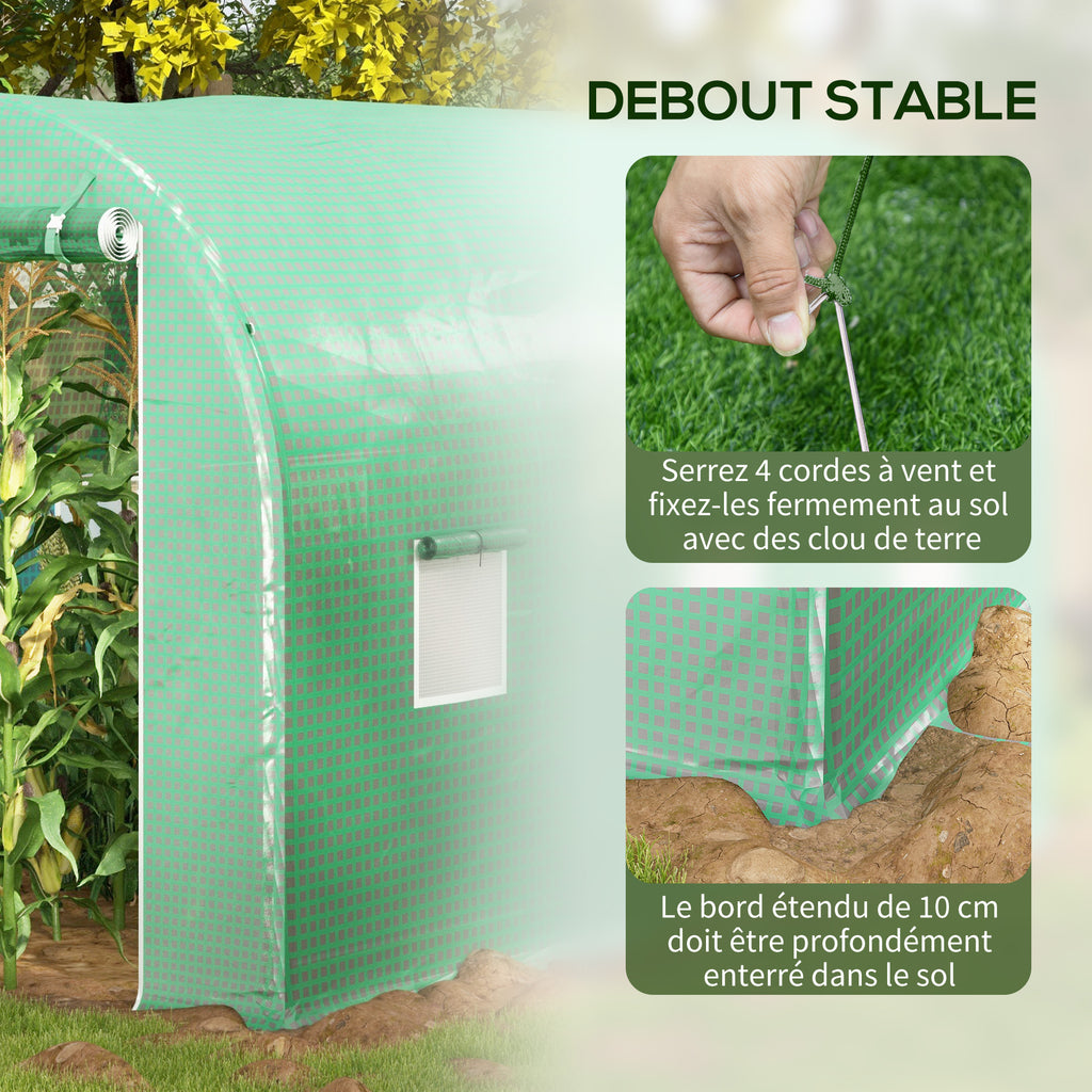 Serre de Jardin Tunnel Surface Sol 8 m² 4L x 2l x 2,05H m châssis Tubulaire Porte zippée 6 fenêtres enroulables vert
