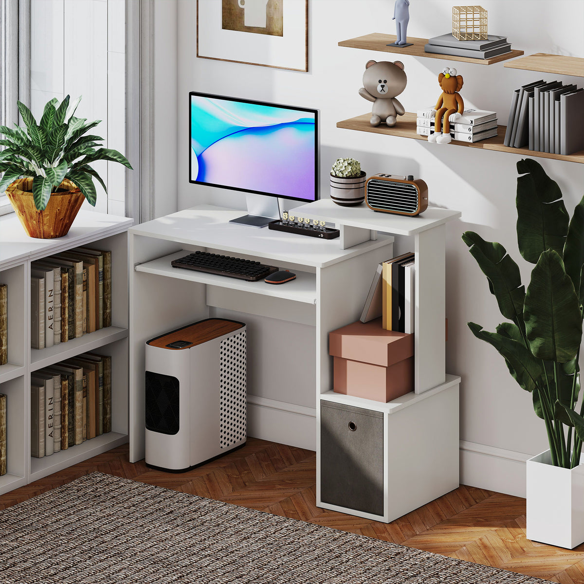 Bureau Informatique multimédia étagères Tablette Clavier Panier Gris Panneaux Particules Blanc