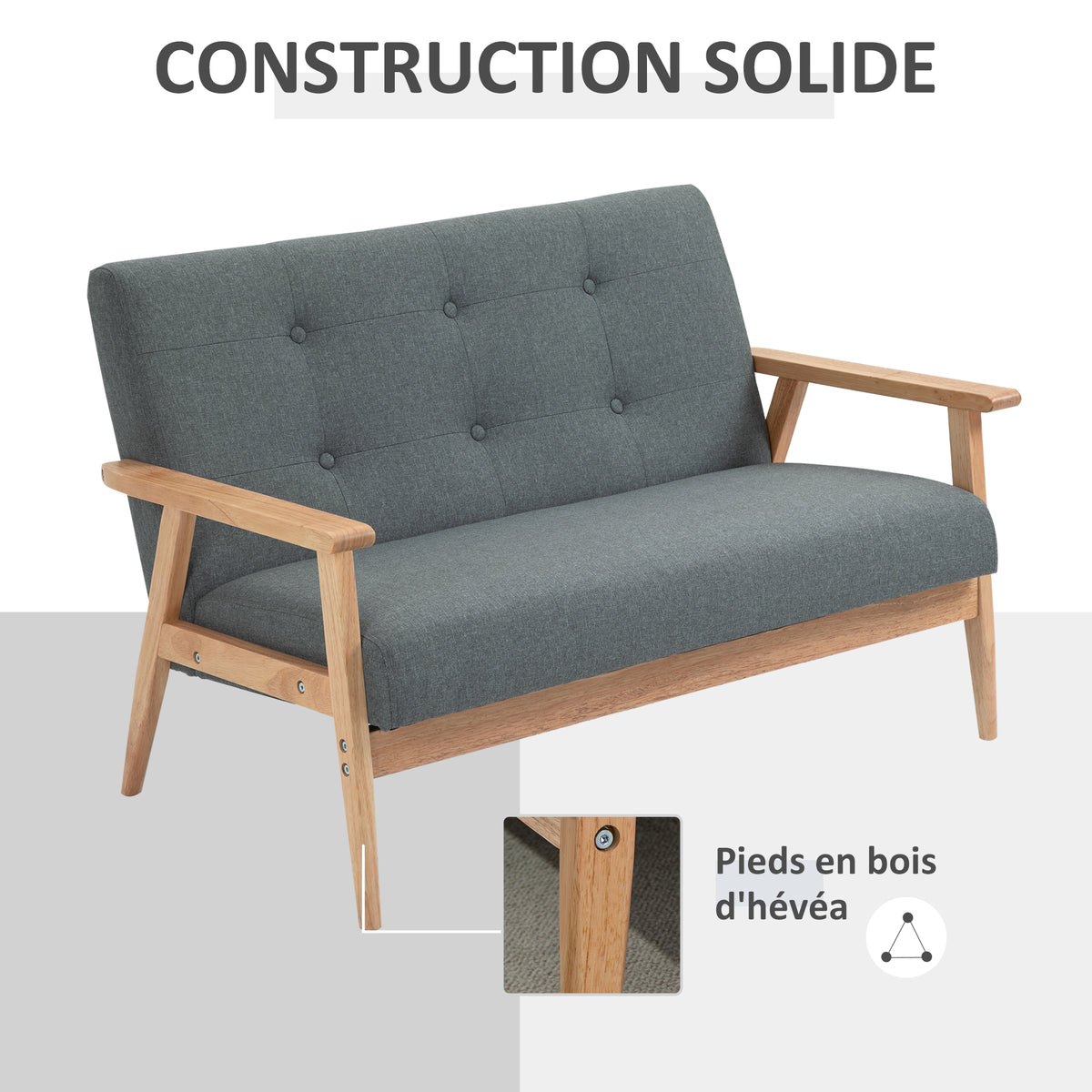 Canapé 2 places style scandinave avec accoudoirs, pieds en bois, 115l x 66,5P x 73H cm, gris