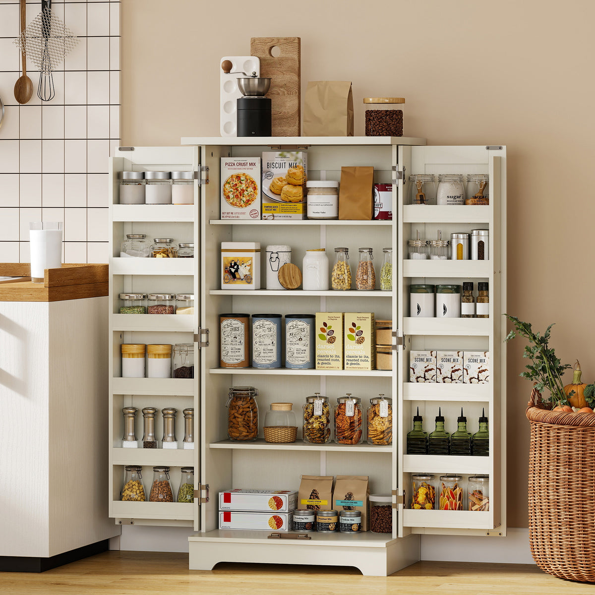 Buffet cuisine armoire de cuisine 5 niveaux avec portes et étagères réglables 60l x 40P x 120H cm grain de bois crème