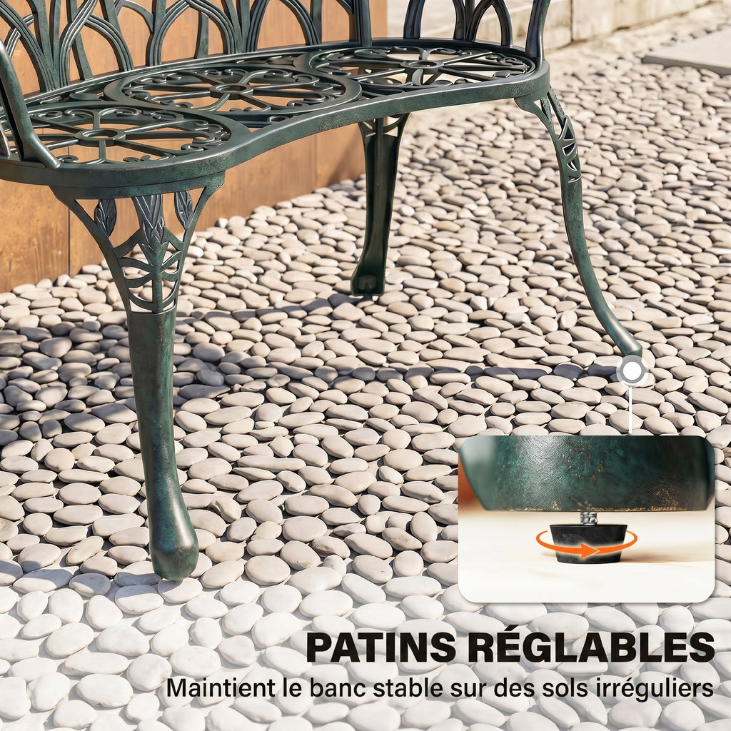Banc de jardin en aluminium moulé, banc extérieur 2 places avec dossier tulipe, assise florale, 99x57x78cm, vert antique