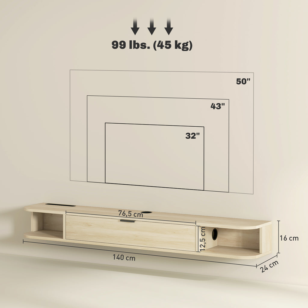 Meuble TV suspendu, meuble télé pour téléviseur jusqu'à 60 pouces, tiroir rabattable 2 étagères 140x24x16cm bois naturel