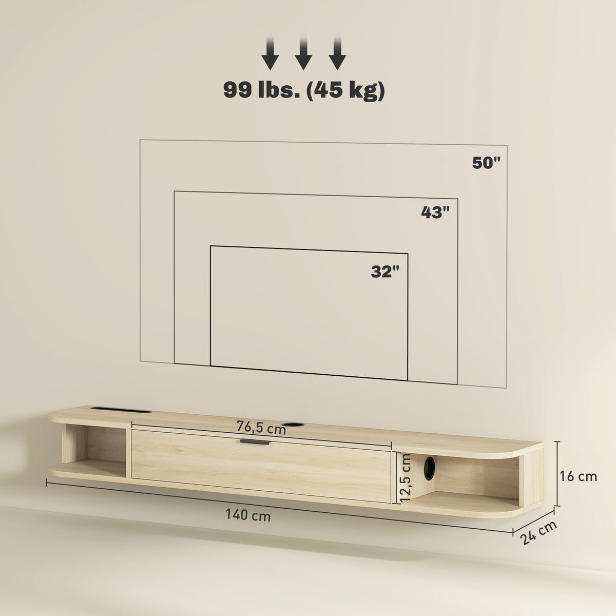 Meuble TV suspendu, meuble télé pour téléviseur jusqu'à 60 pouces, tiroir rabattable 2 étagères 140x24x16cm bois naturel