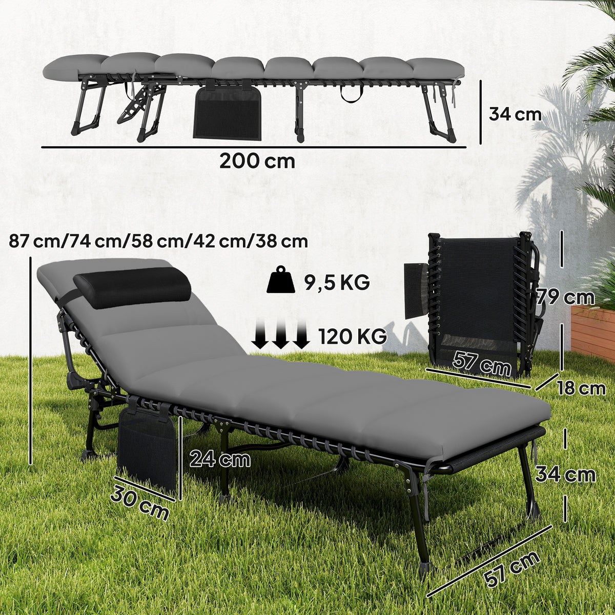 Chaise longue jardin extérieur, Bain de soleil Pliable, dossier inclinable sur 5 positions, 200 x 57 x 38 cm, gris Foncé
