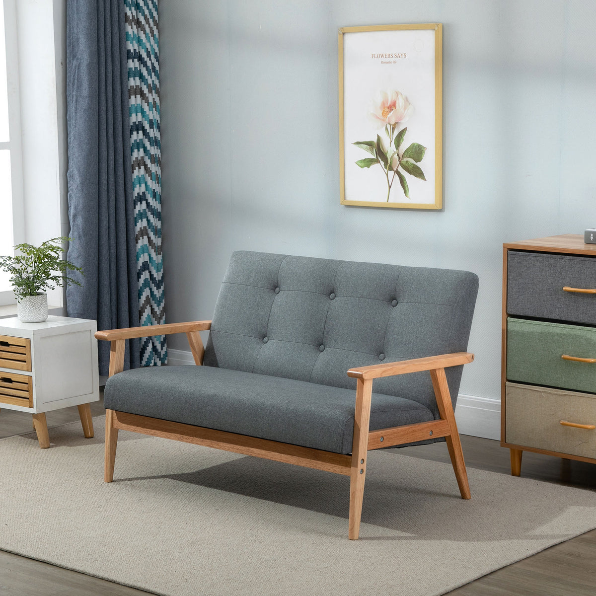 Canapé 2 places style scandinave avec accoudoirs, pieds en bois, 115l x 66,5P x 73H cm, gris