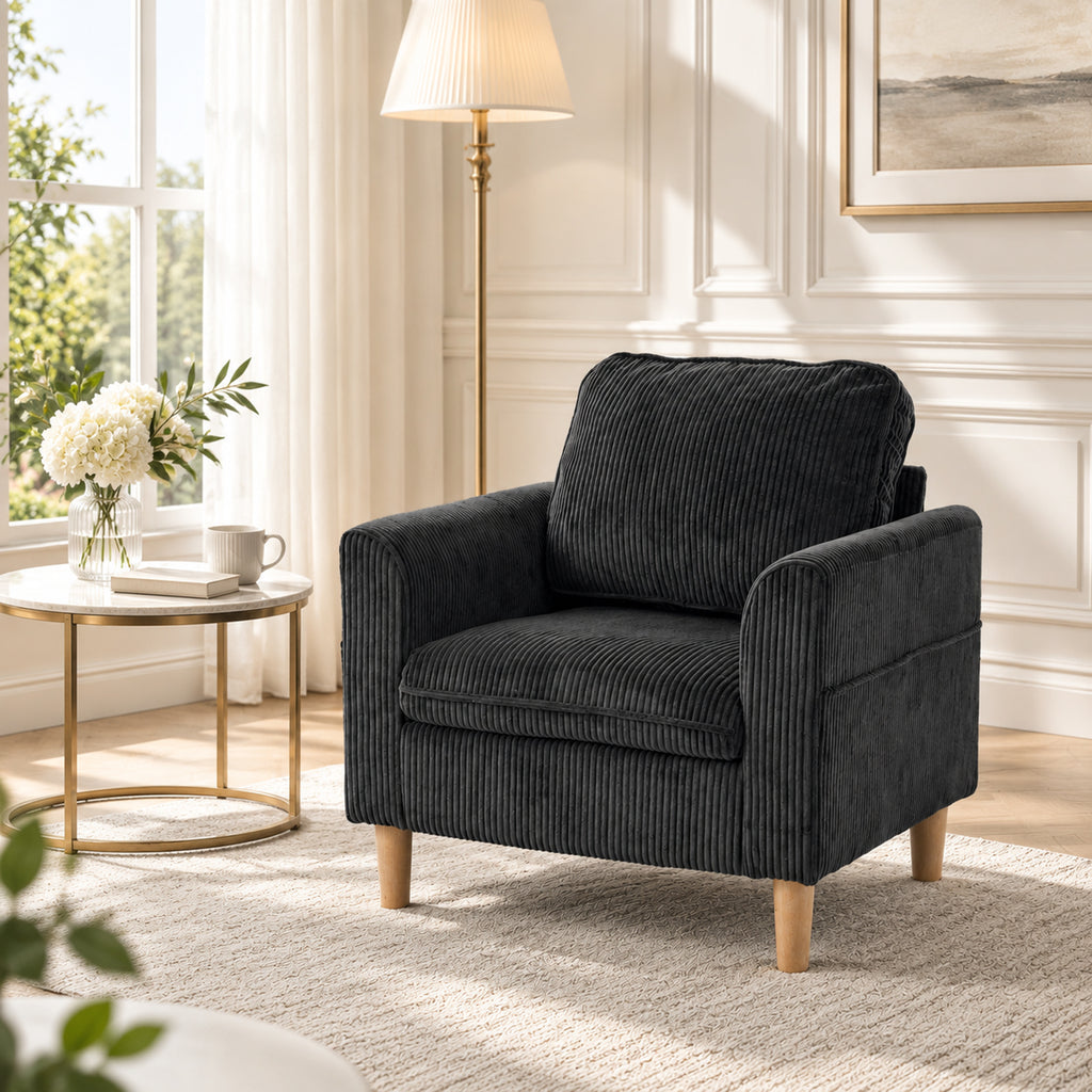 Fauteuil de salon en velours côtelé, canapé 1 place rembourré, assise large, coussin à ressorts, 83x74x87cm, Gris Foncé