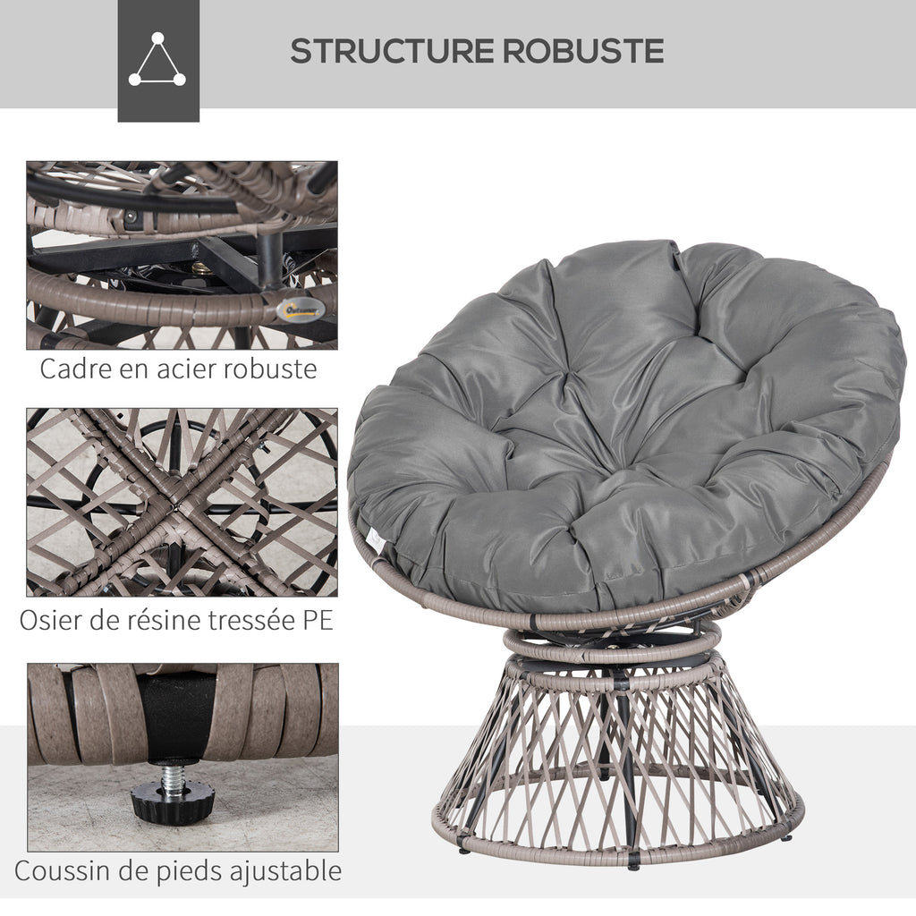 Fauteuil rond de jardin fauteuil papasan pivotant Ø 97 x 86H cm grand coussin fourni polyester résine tressée