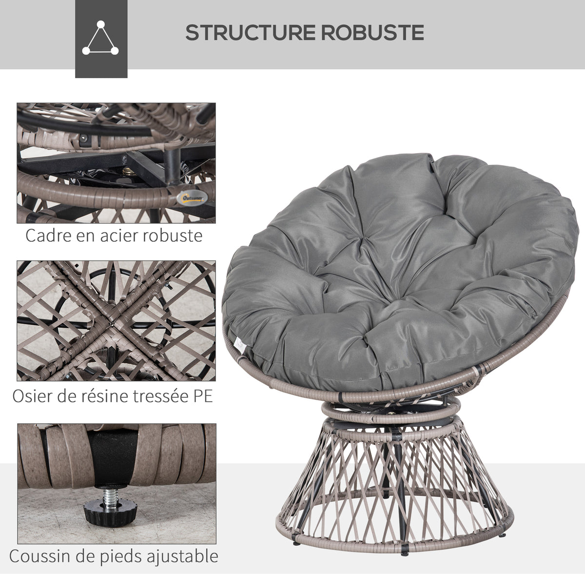 Fauteuil rond de jardin fauteuil papasan pivotant Ø 97 x 86H cm grand coussin fourni polyester résine tressée