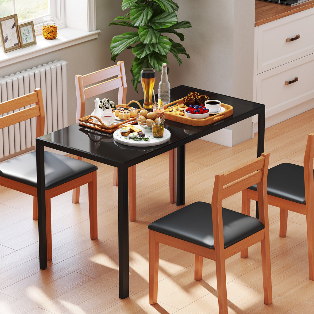 Table à manger pour 4 personnes, table de cuisine avec plateau en verre trempé et pieds en métal, 120x60x75cm, noir