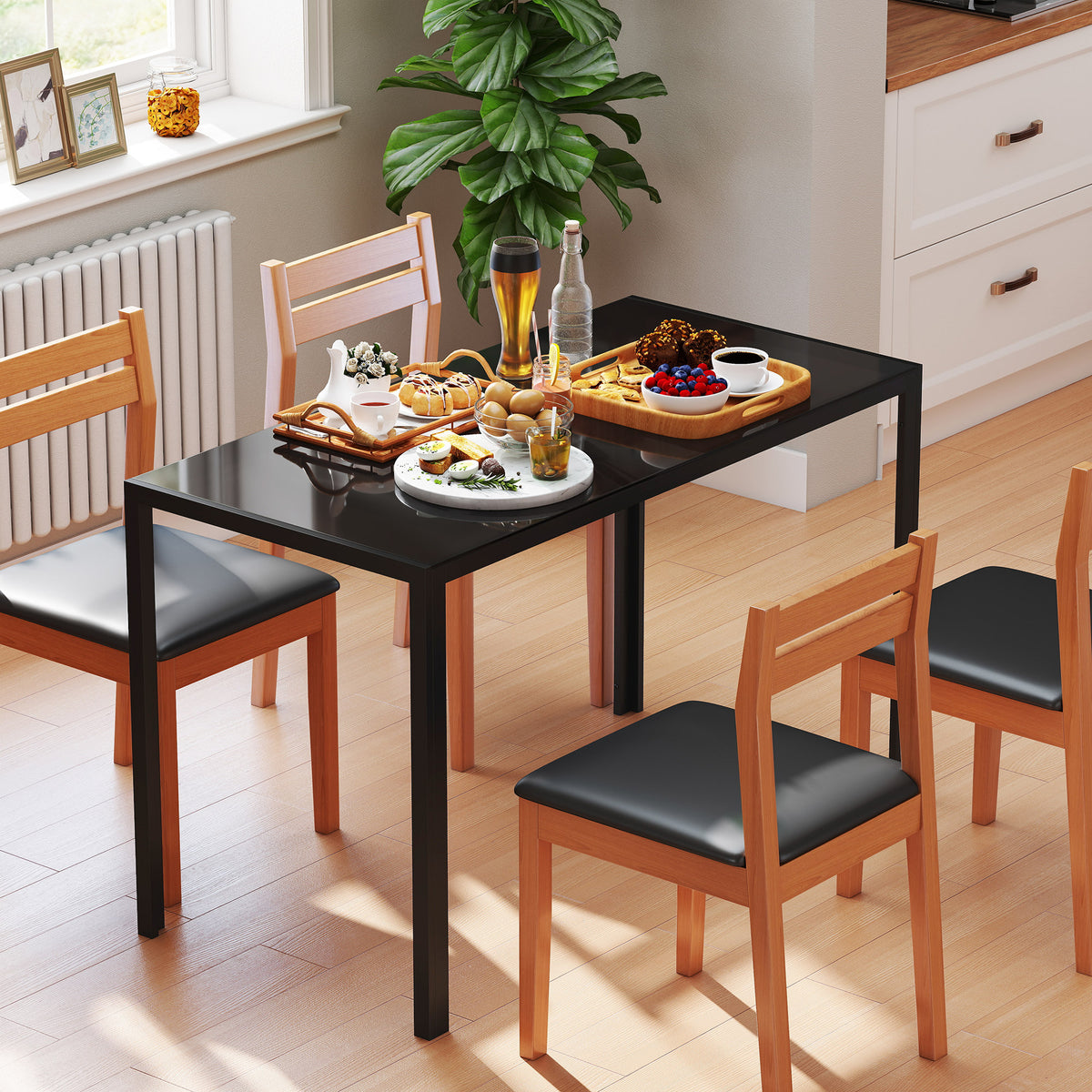 Table à manger pour 4 personnes, table de cuisine avec plateau en verre trempé et pieds en métal, 120x60x75cm, noir