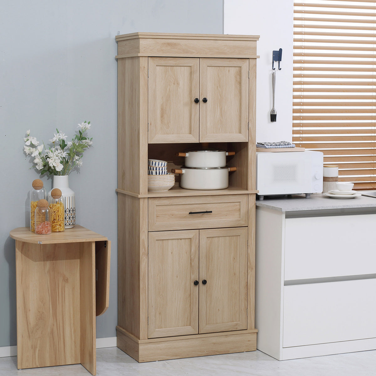 Armoire de cuisine buffet cuisine vaisselier meuble de rangement style moderne avec placards, étagères réglables, tiroir, et niche, pour salle à manger, salon, 74 x 39,5 x 183 cm, chêne clair
