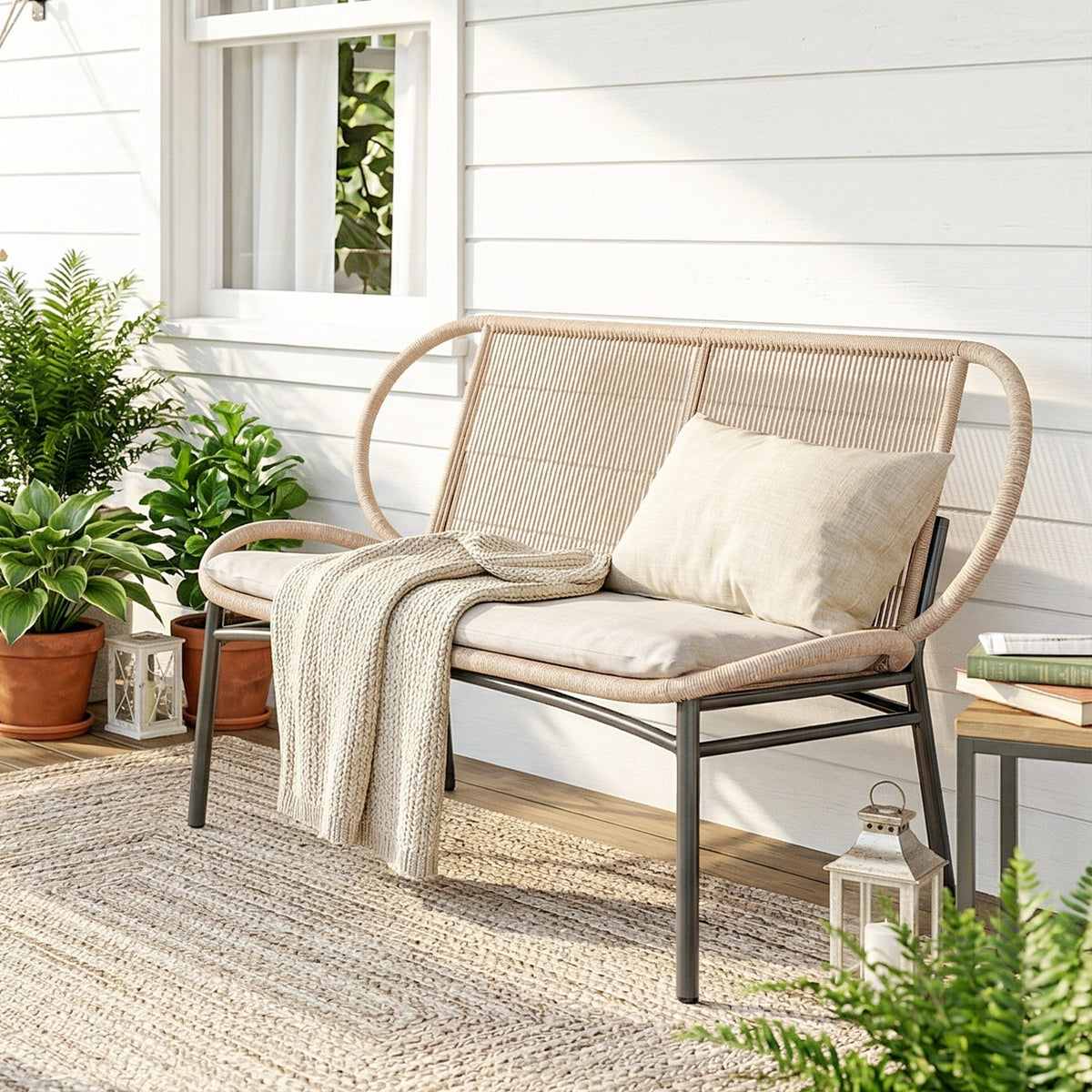 Banc de jardin 2 places, banc d'extérieur en résine tressée avec cadre en métal, résistant aux intempéries, naturel