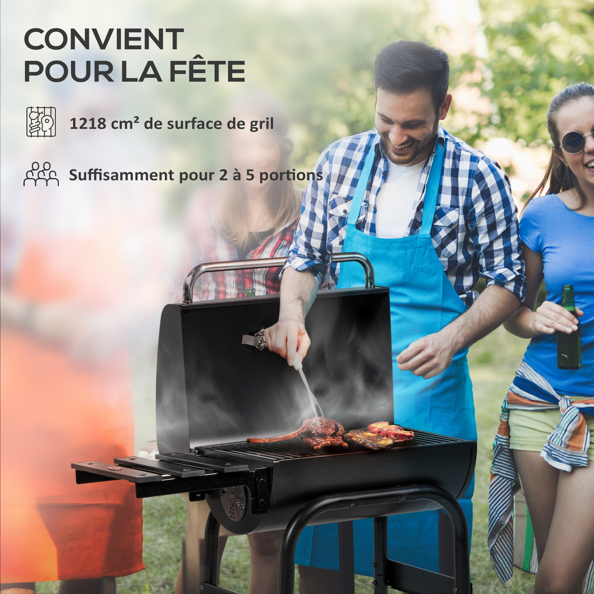 Barbecue au charbon de bois chariot de BBQ, avec étagères, roulettes, couvercle, thermomètre, cheminée, en métal noir