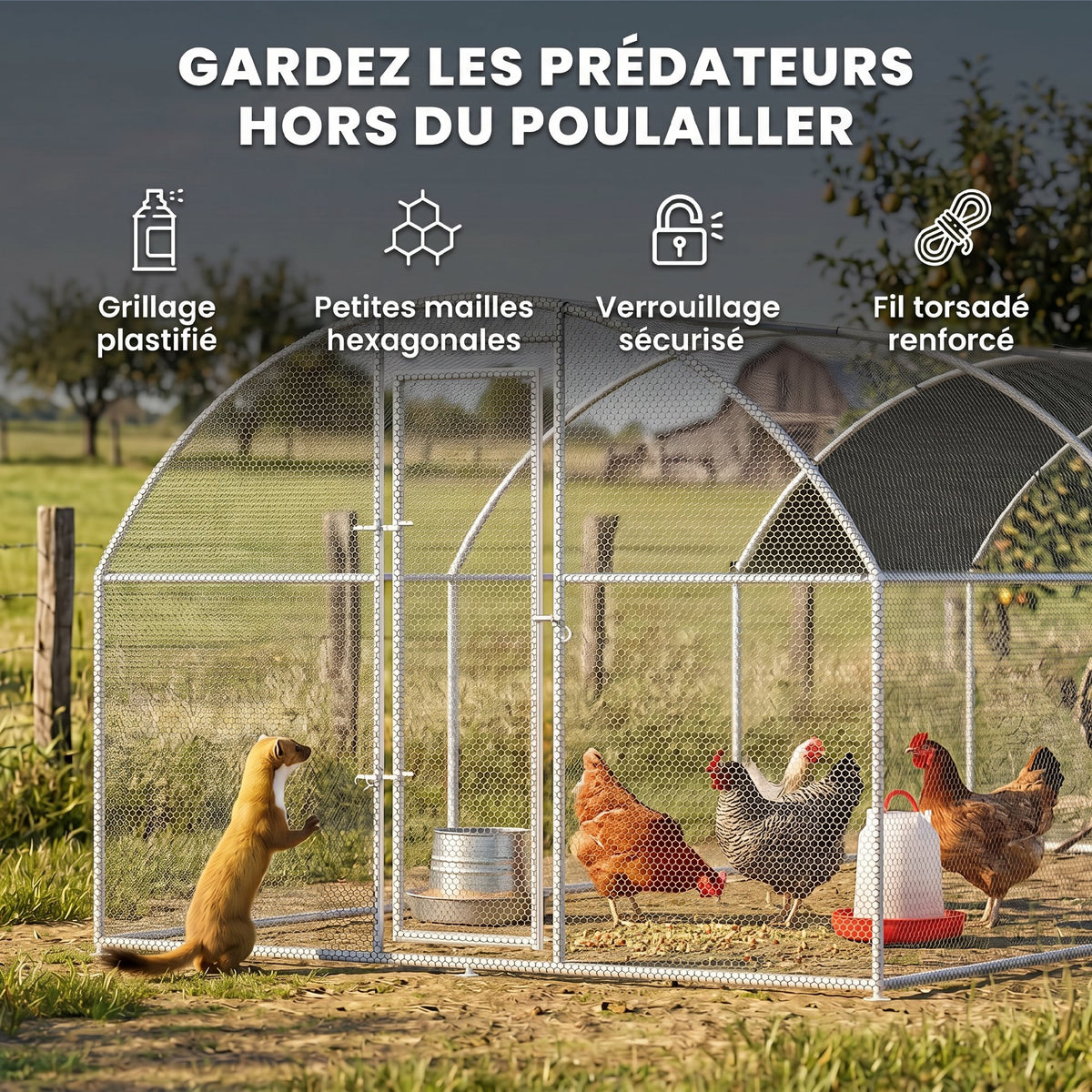 Grand enclos poulailler 15,96 ㎡ parc grillagé toit anti-UV porte verouillable 2,8 x 5,7 x 1,97 m argenté