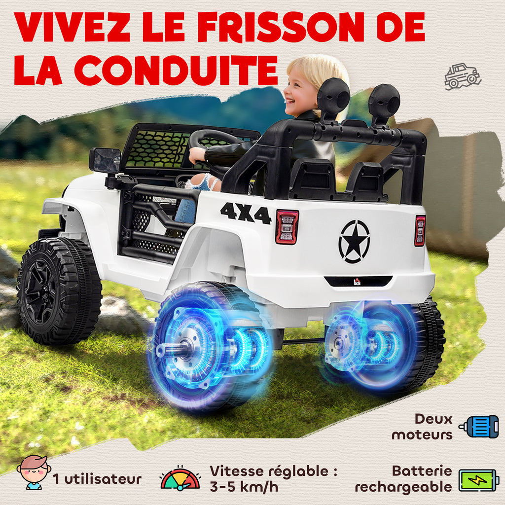 Voiture électrique Enfant Propulsion arrière 12 V 5 Km/h Max. télécommande Incluse Effets Lumineux sonores dim. 100L x 65l x 72H cm Blanc