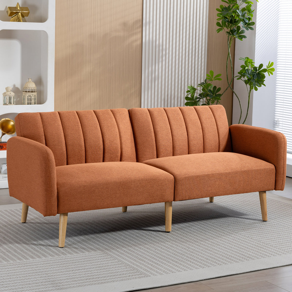 Canapé Convertible 2 Places Design scandinave Dossier inclinable 3 Positions Pieds Bois Tissu Aspect Lin marron